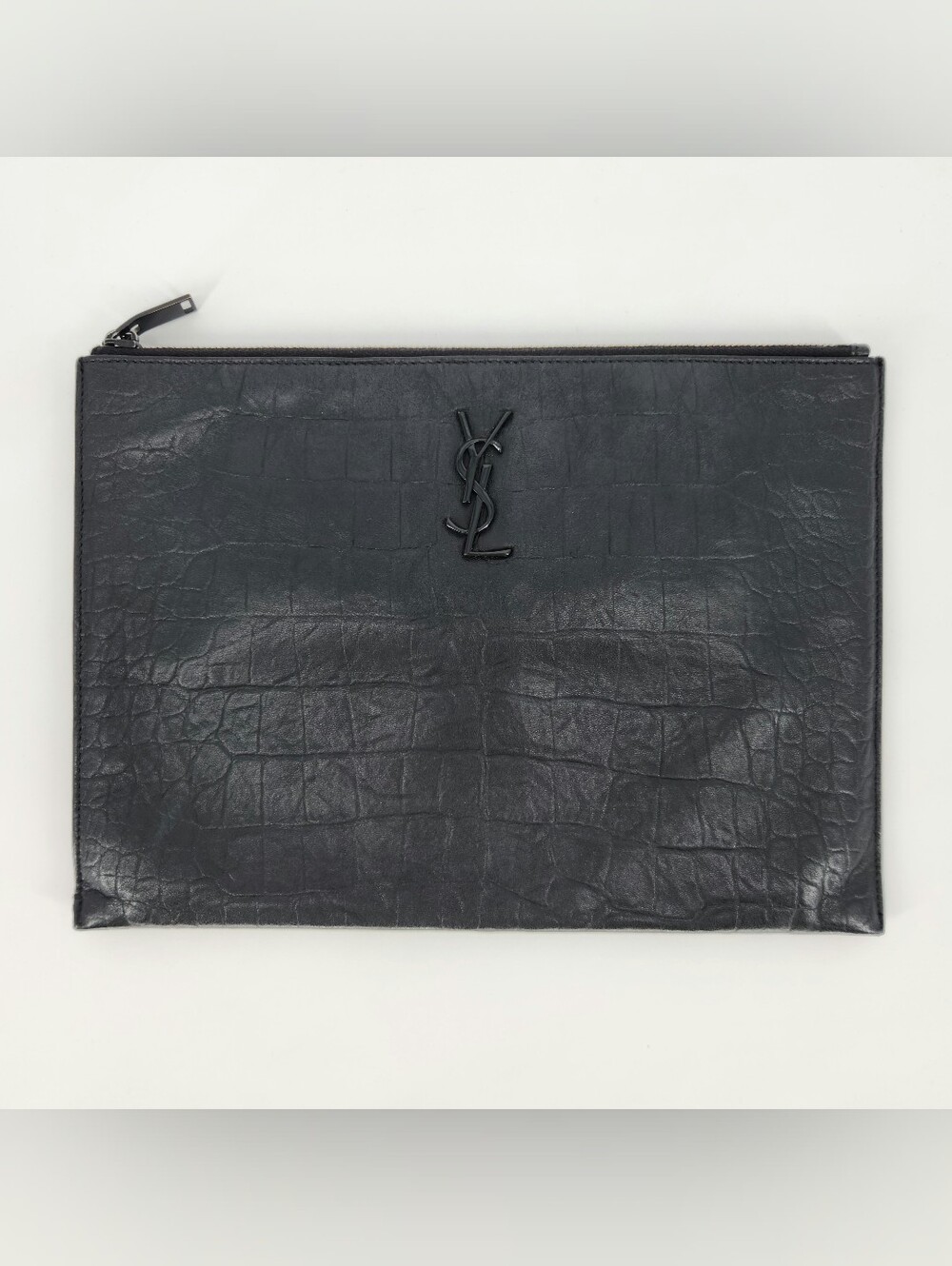 Saint Laurent Black Croc Embossed Leather w/ YSL Logo Zip Pouch Clutch Bag